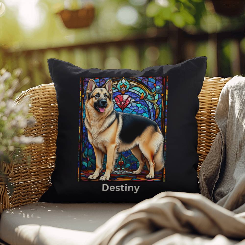 German Shepherd (Black and Cream) Indoor/Outdoor Pillow - Personalized Stained Glass Dog Tribute & Comfort Gift