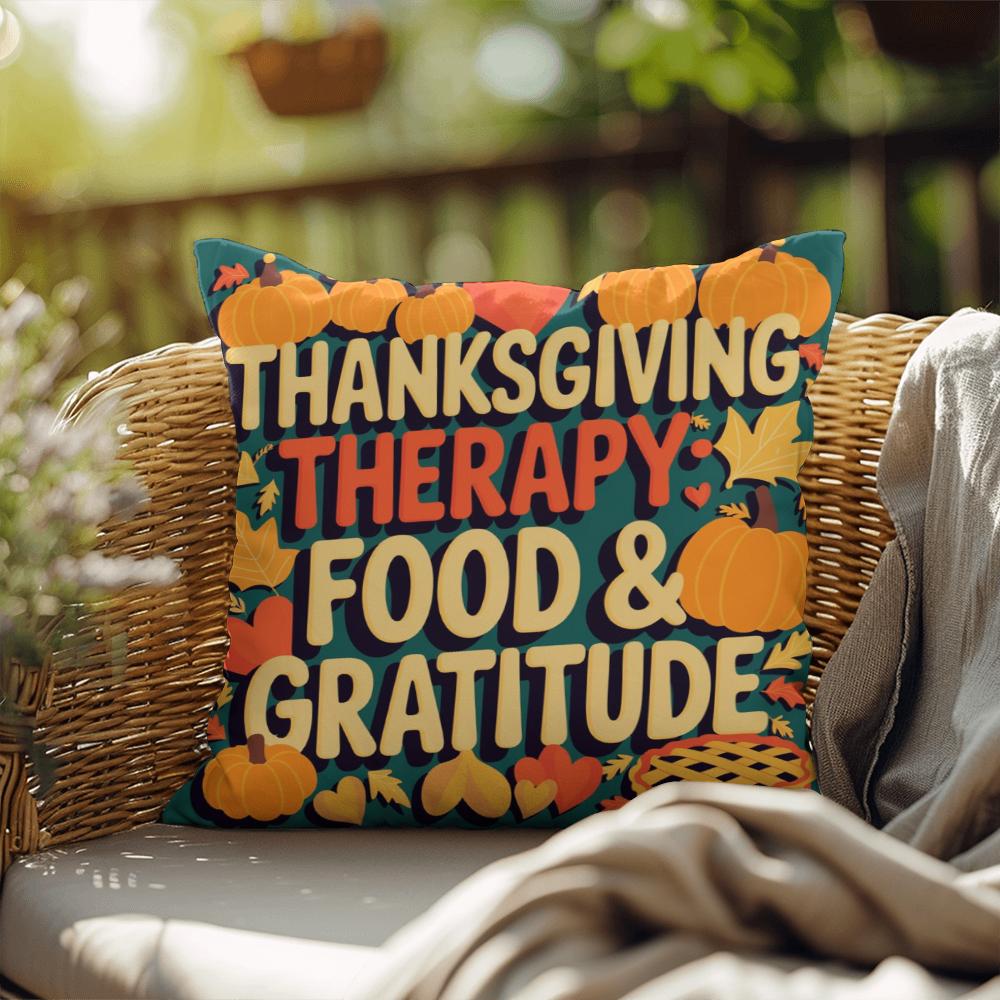 Thanksgiving Therapy: Food & Gratitude throw pillow with mindfulness quote and cozy fall décor