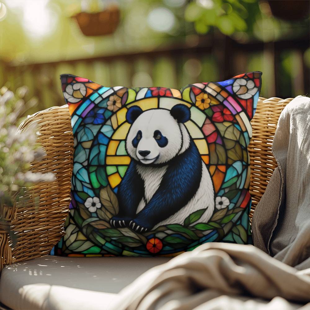Panda stained glass throw pillow, wildlife animal decor, indoor outdoor cozy home accent
