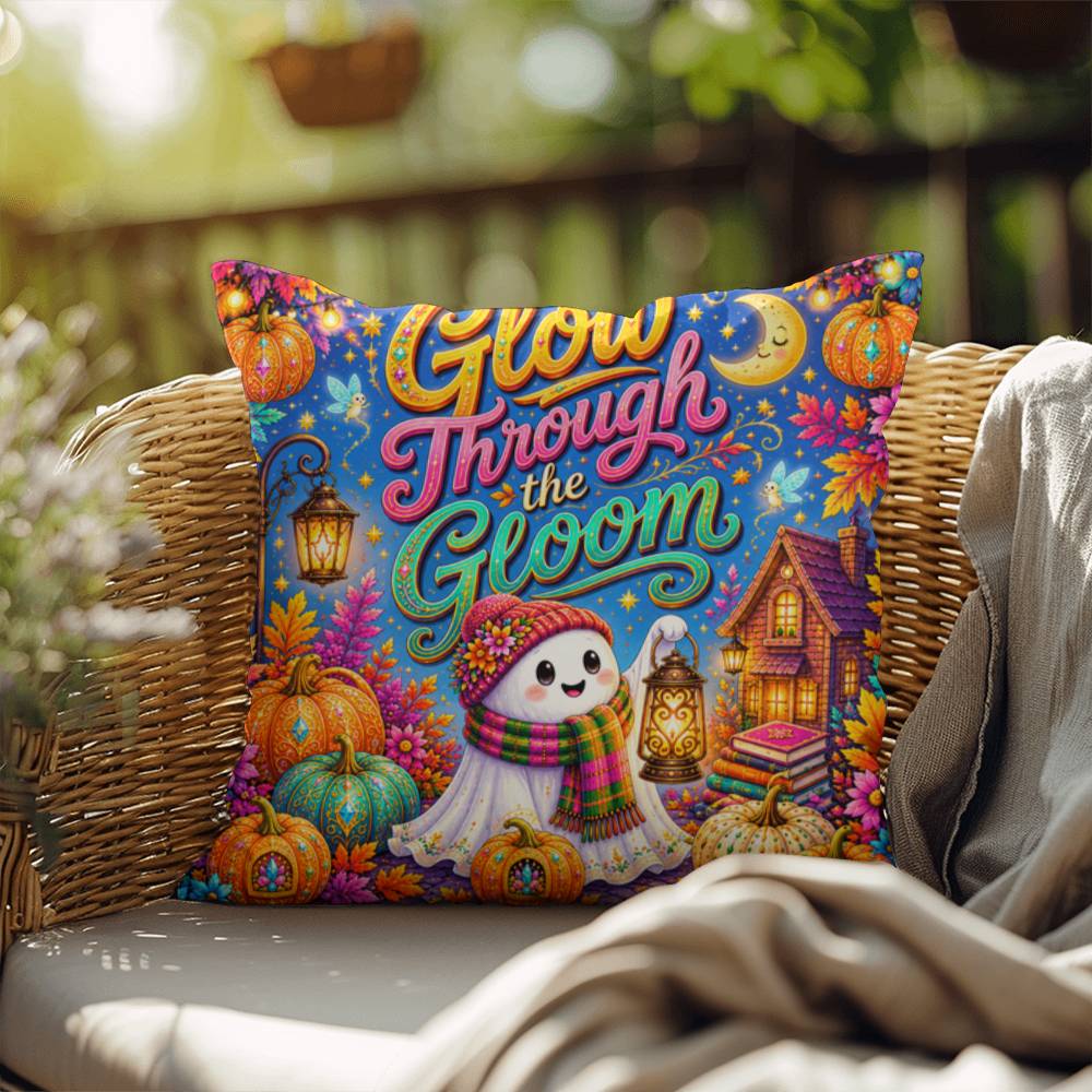 Glow Through The Gloom quote with ghost lantern artwork on an encouraging Halloween throw pillow