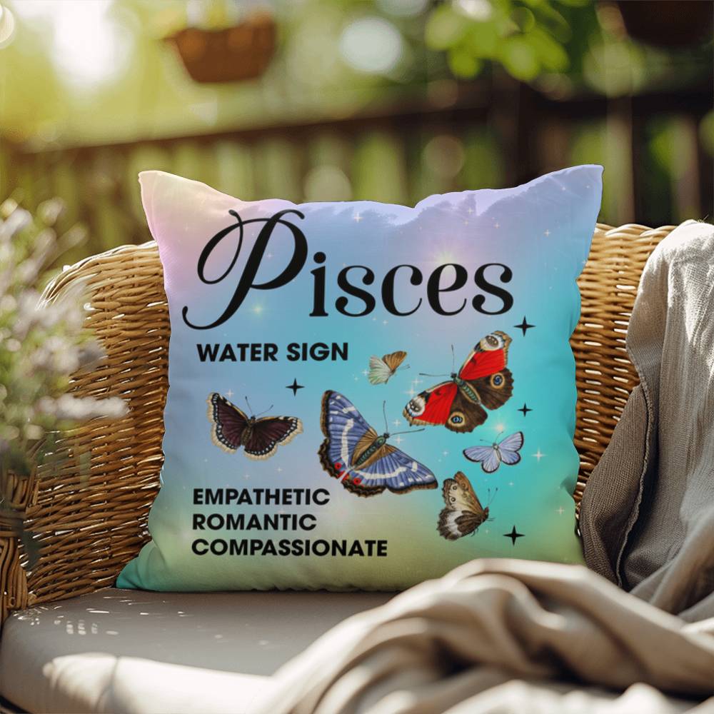 Pisces Butterfly Indoor/Outdoor Pillow – Zodiac Astrology Decor, Boho Accent for Home & Patio