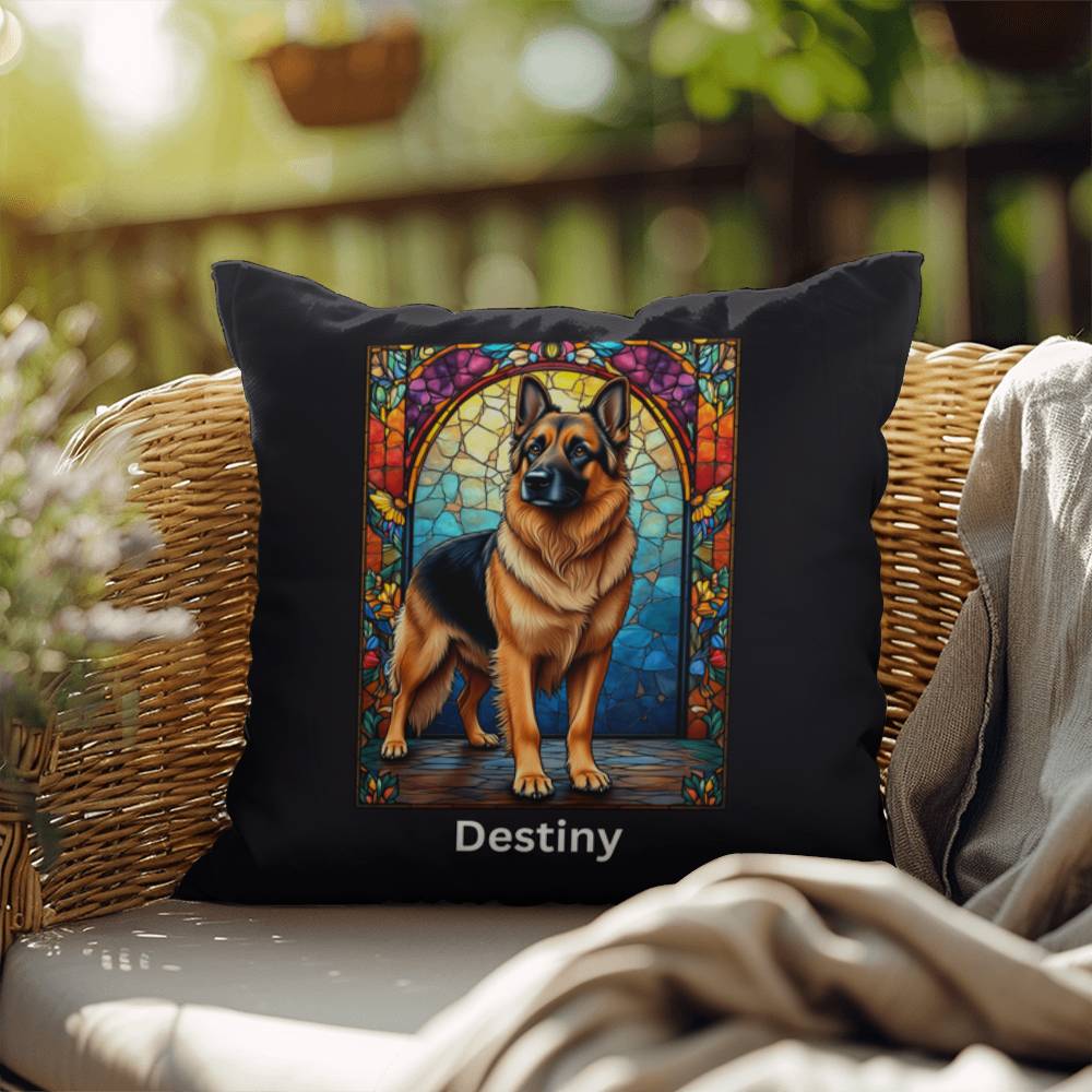 German Shepherd (Black and Tan) Indoor/Outdoor Pillow - Personalized Stained Glass Dog Tribute & Comfort Gift