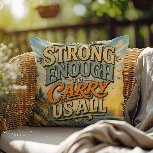 Shop our strong enough to carry us all throw pillow featuring the 18" x 18" style option from MySisterIsASurvivor.