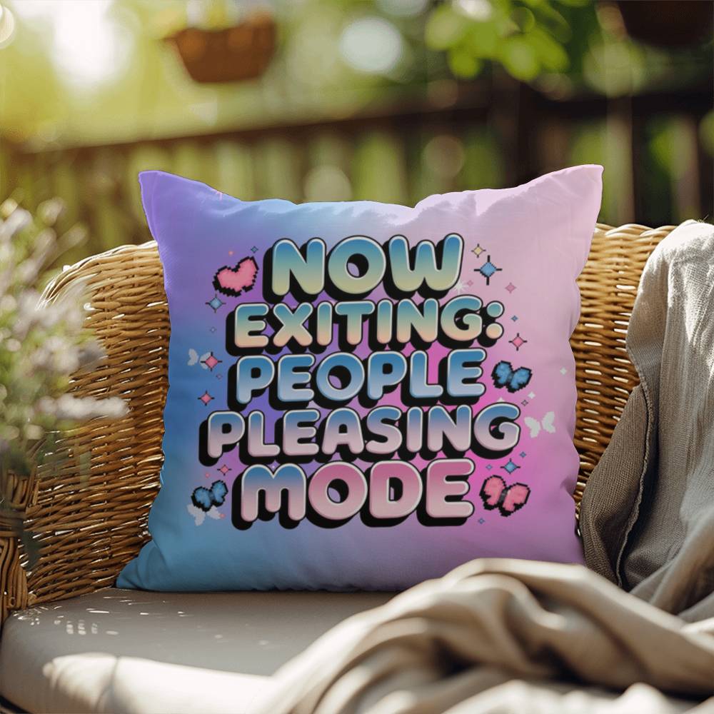 Custom Y2K pillow featuring "Now Exiting: People Pleasing Mode" in retro digital font with sparkles and butterflies on a bright white backdrop