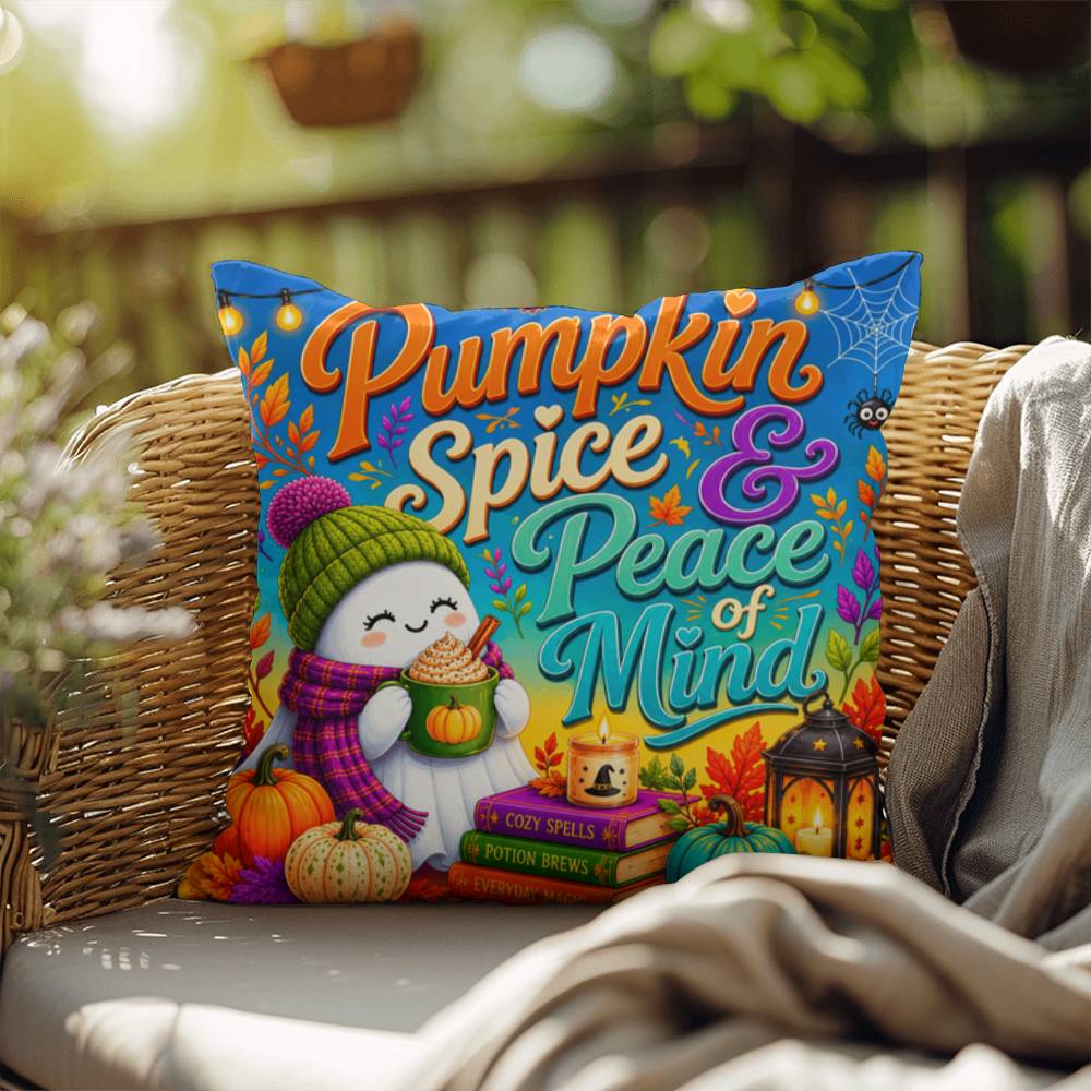 Pumpkin Spice & Peace Of Mind Halloween Throw Pillow - Cozy Ghost Fall Pillow