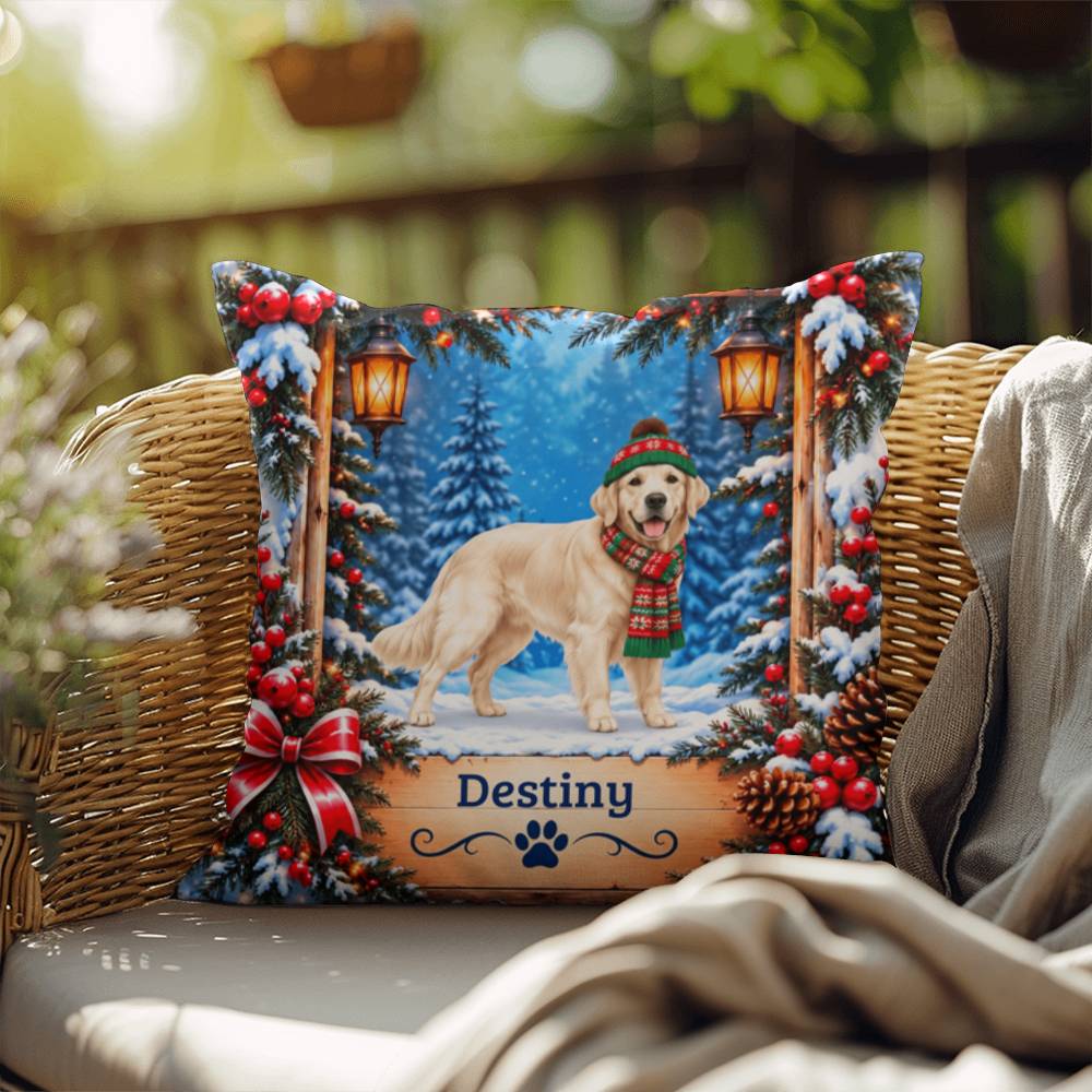 Golden Retriever (English Cream Coat) - Personalized Winter Forest Pillow, Custom Dog Name Gift