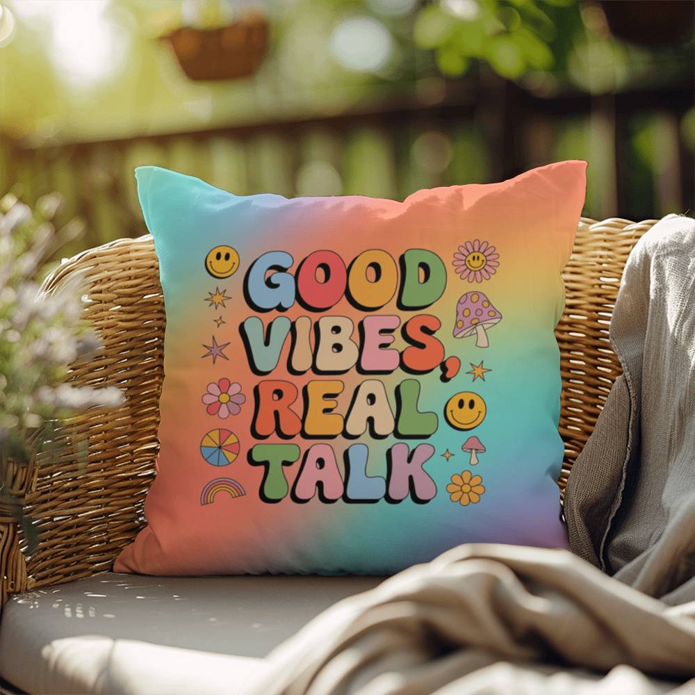 Good Vibes, Real Talk personalized pillow, therapy room comfort, chill energy - MySisterIsASurvivor