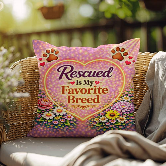 Shop our rescued is my favorite breed throw pillow featuring the 18" x 18" style option from MySisterIsASurvivor.