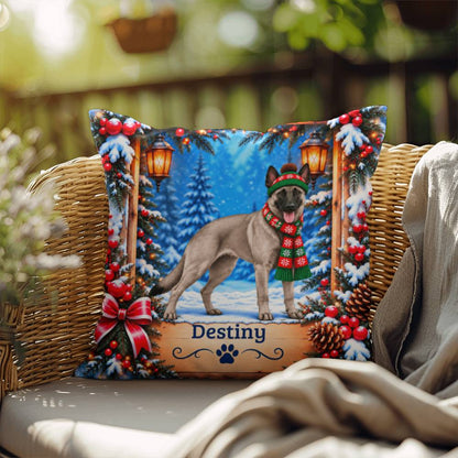 Belgian Malinois (Gray Coat) - Personalized Winter Forest Pillow, Indoor Outdoor Dog Name Gift