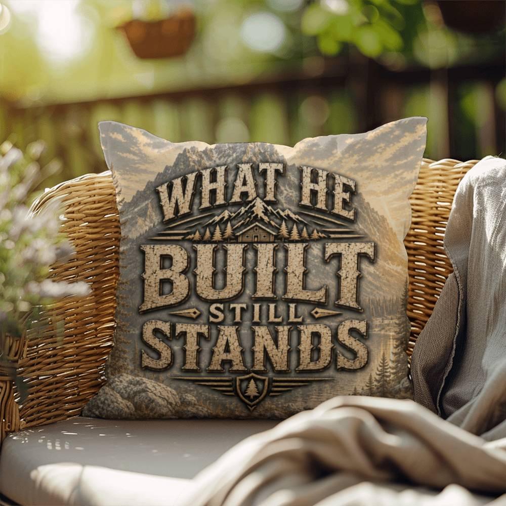 Shop our what he built still stands throw pillow featuring the 18" x 18" style option from MySisterIsASurvivor.