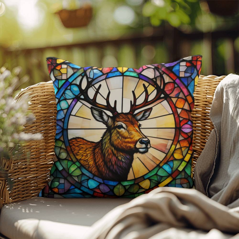 Deer stained glass throw pillow, woodland wildlife decor, indoor outdoor cozy home accent