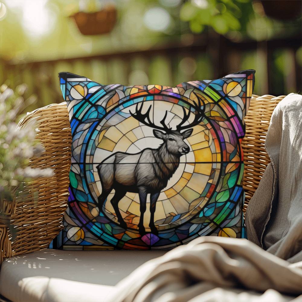 Reindeer stained glass throw pillow, holiday wildlife decor, indoor outdoor accent cushion