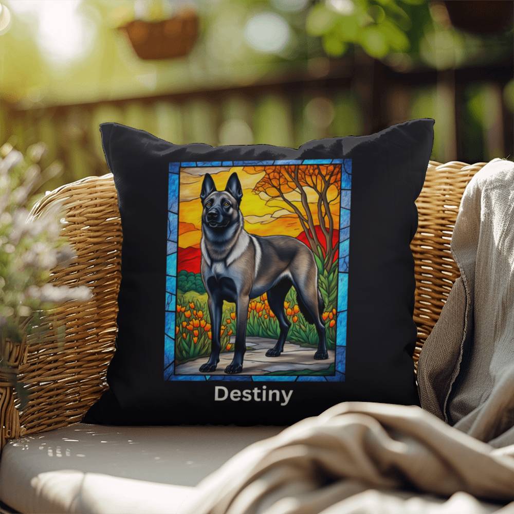 Belgian Malinois (Gray Sable) Indoor/Outdoor Pillow - Personalized Stained Glass Dog Tribute & Comfort Gift