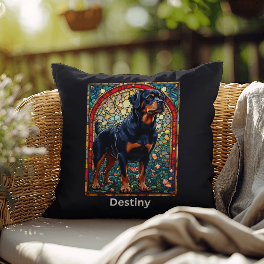 Rottweiler (Black and Mahogany) Indoor/Outdoor Pillow - Personalized Stained Glass Dog Tribute & Comfort Gift