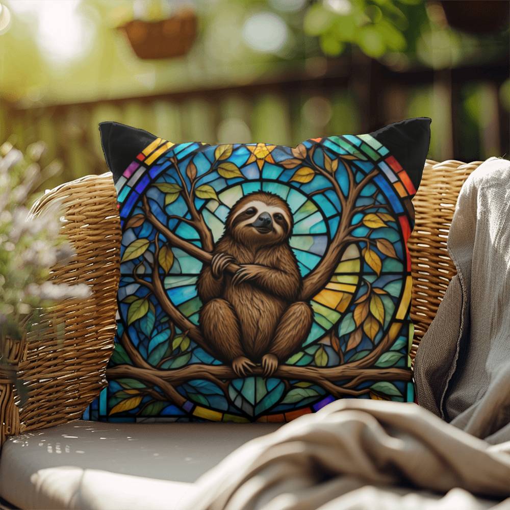 Sloth stained glass throw pillow, jungle animal decor, indoor outdoor cozy home accent