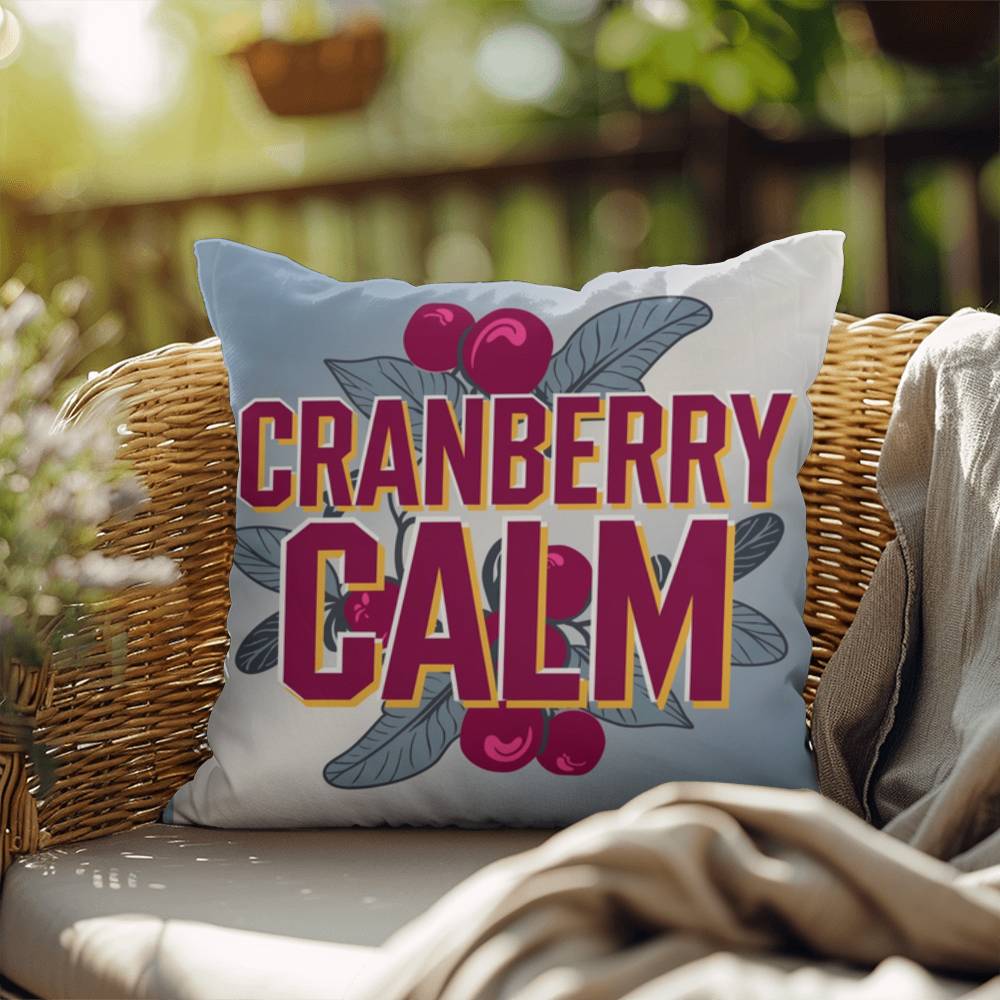 Cranberry Calm throw pillow with peaceful mindfulness quote and seasonal fall home décor accent