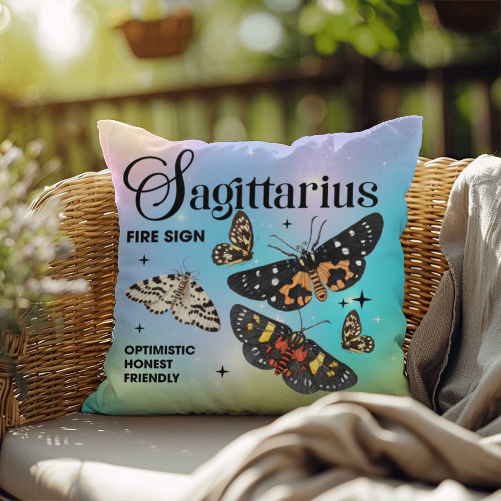 Sagittarius Butterfly Indoor/Outdoor Pillow – Zodiac Astrology Decor, Boho Accent for Home & Patio