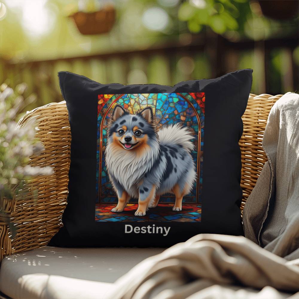 Pomeranian (Blue Merle) Indoor/Outdoor Pillow - Personalized Stained Glass Dog Tribute & Comfort Gift