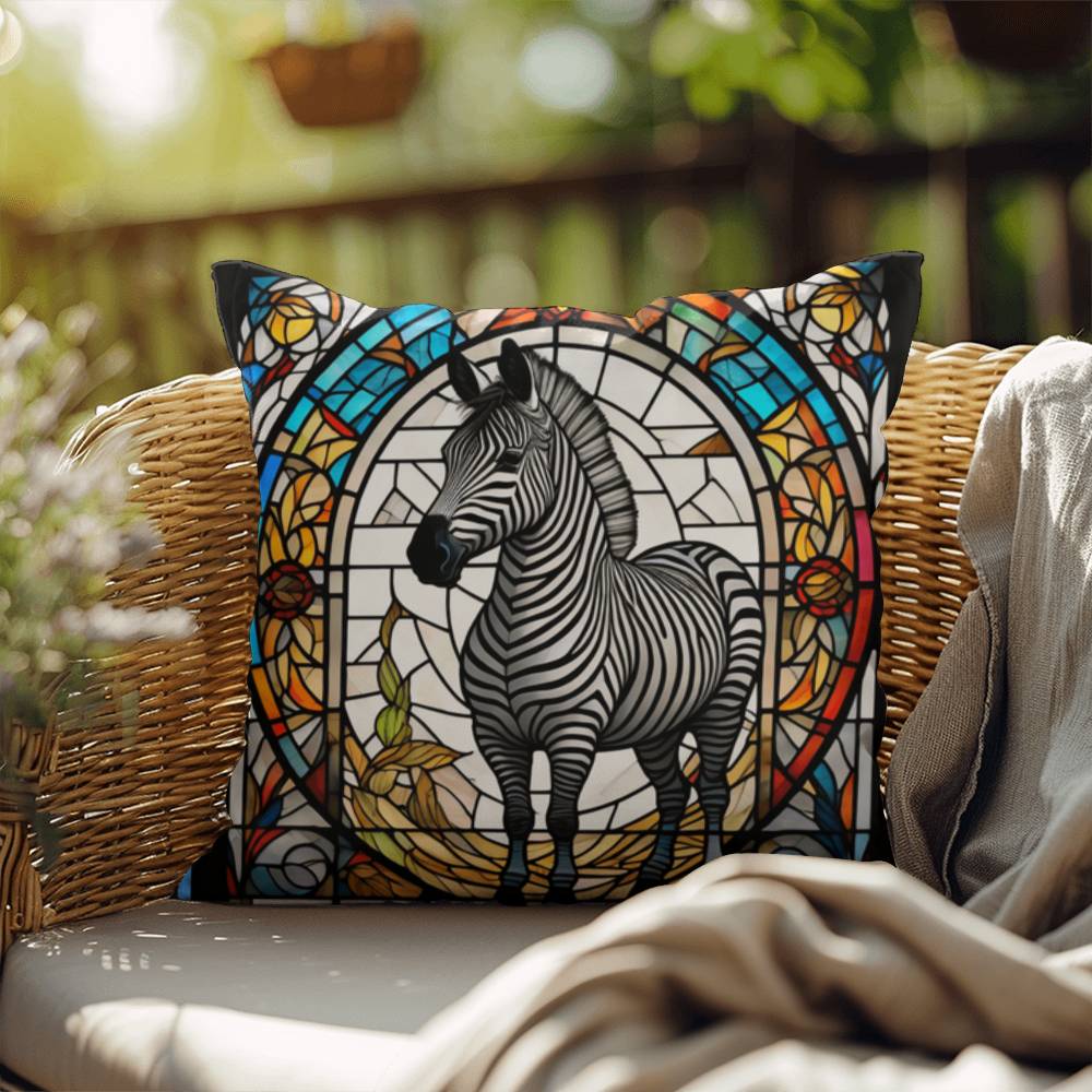 Zebra stained glass throw pillow, safari wildlife home decor, indoor outdoor accent cushion