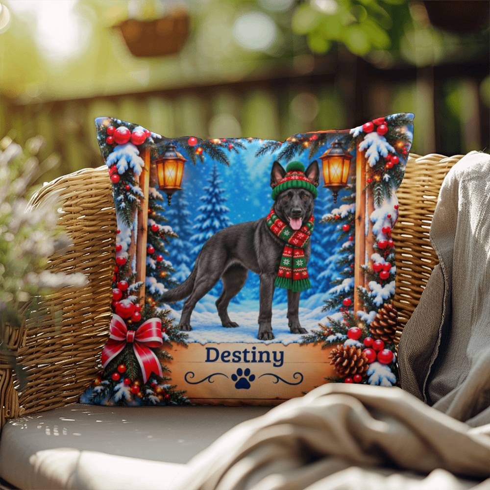 Belgian Malinois (Black Coat) - Personalized Snowy Forest Pillow, Indoor Outdoor Dog Name Gift