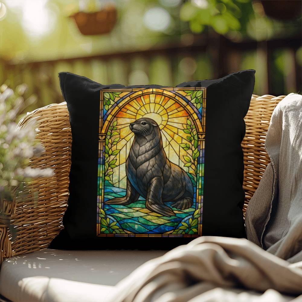 Shop our sea lion stained glass style throw pillow featuring the 18" x 18" style option from MySisterIsASurvivor.