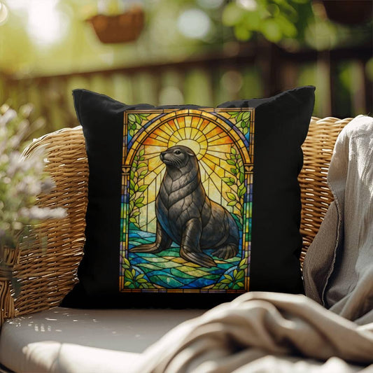 Shop our sea lion stained glass style throw pillow featuring the 18" x 18" style option from MySisterIsASurvivor.