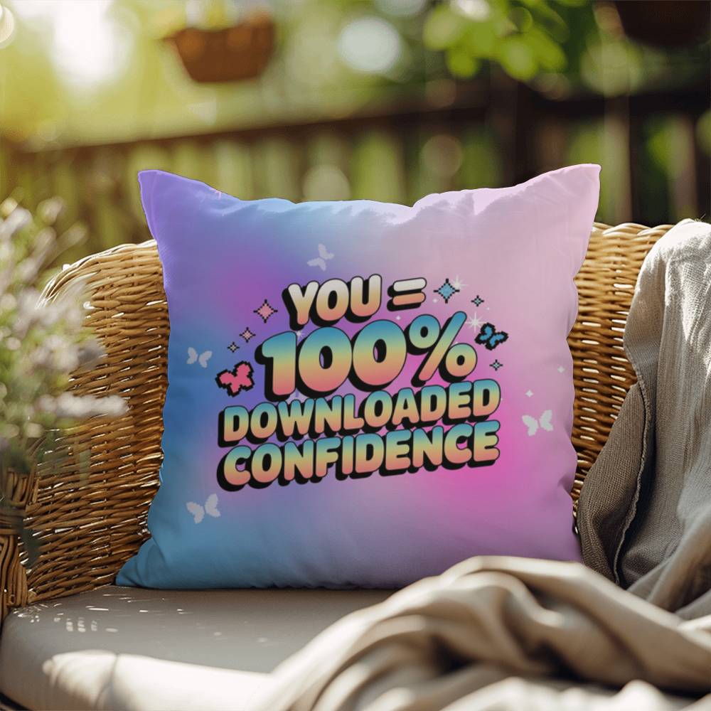 "100% Downloaded Confidence" statement pillow with customizable Y2K design and sparkly digital visuals in a soothing palette