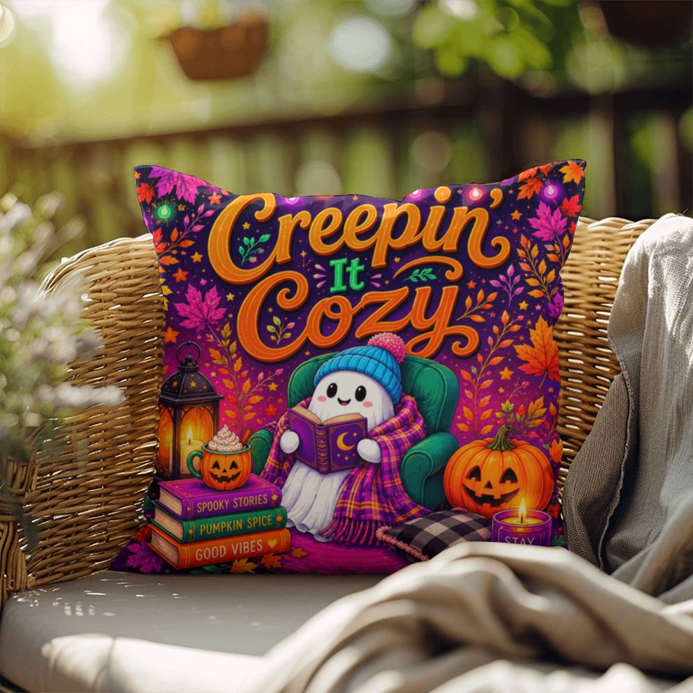 Creepin It Cozy Halloween Throw Pillow - Spooky Stories Pumpkin Spice Good Vibes