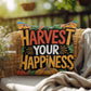 Harvest Your Happiness pillow in autumn hues with mindful Thanksgiving quote and cozy seasonal décor