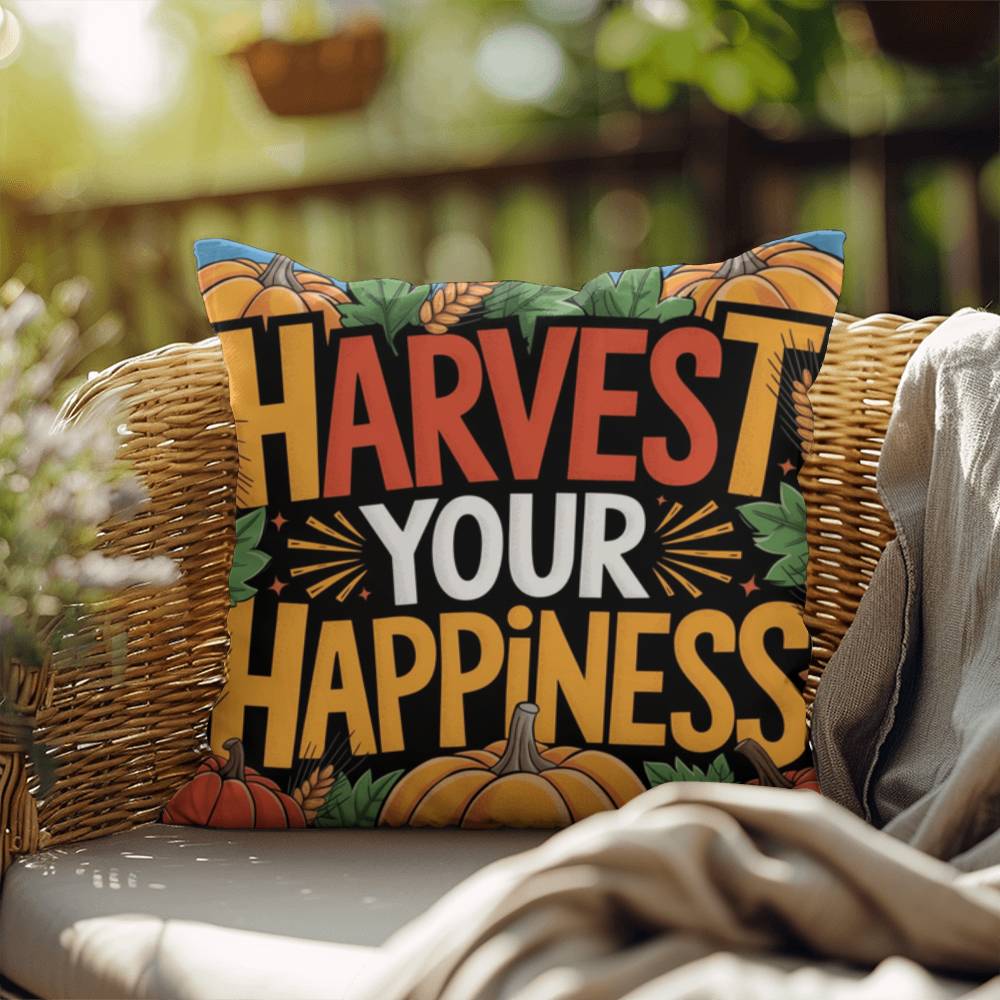 Harvest Your Happiness pillow in autumn hues with mindful Thanksgiving quote and cozy seasonal décor
