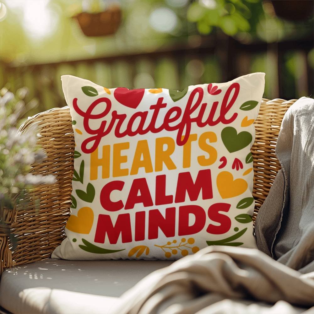 Grateful Hearts, Calm Minds pillow in bright fall tones with Thanksgiving gratitude and mindfulness quote