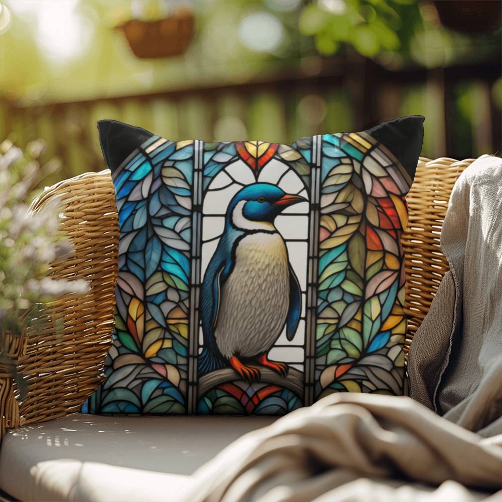 Penguin stained glass throw pillow, Arctic wildlife decor, indoor outdoor accent pillow