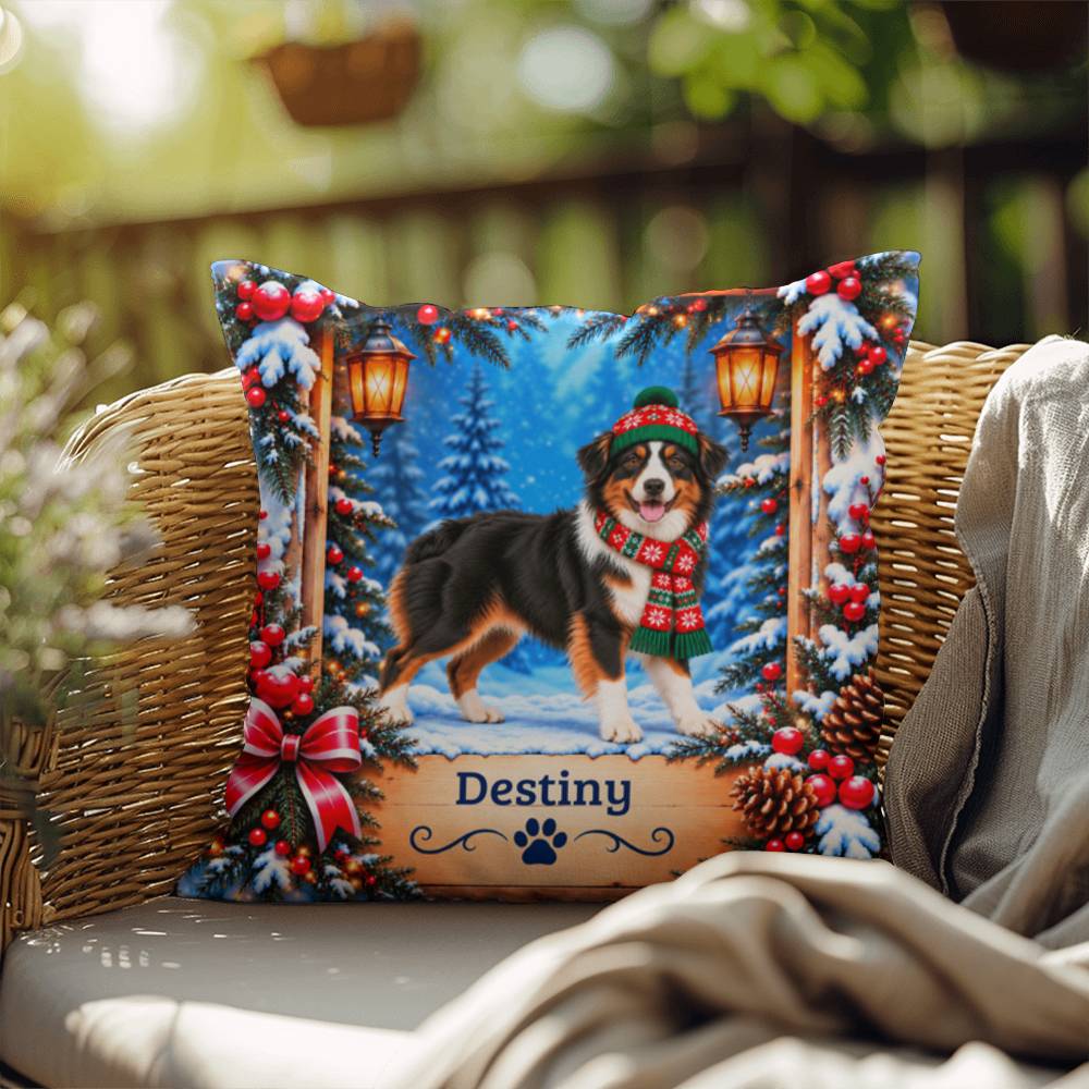 Australian Shepherd (Black Tri-Color Coat) - Personalized Aussie Pillow, Snowy Cabin Companion Gift