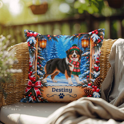Australian Shepherd (Black Tri-Color Coat) - Personalized Aussie Pillow, Snowy Cabin Companion Gift