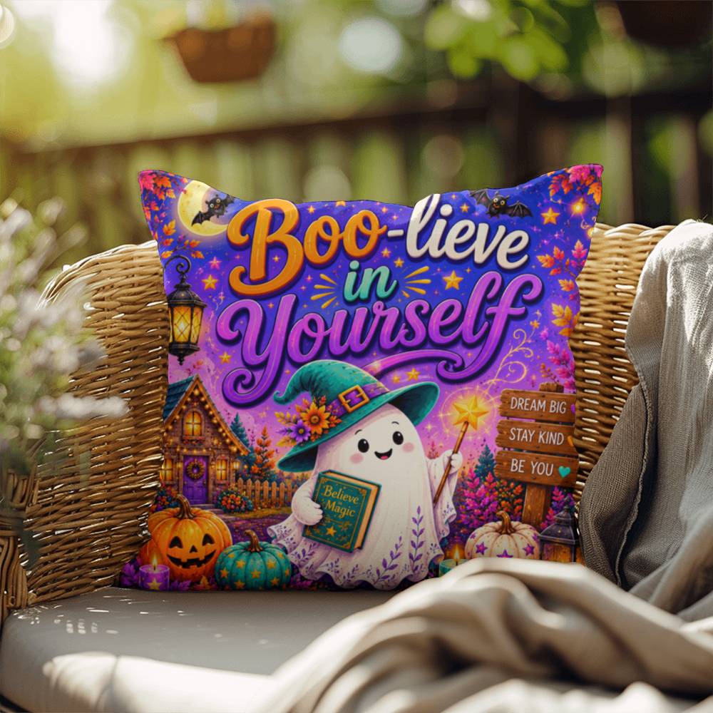 Boo-lieve In Yourself message with friendly ghost illustration on an encouraging Halloween throw pillow