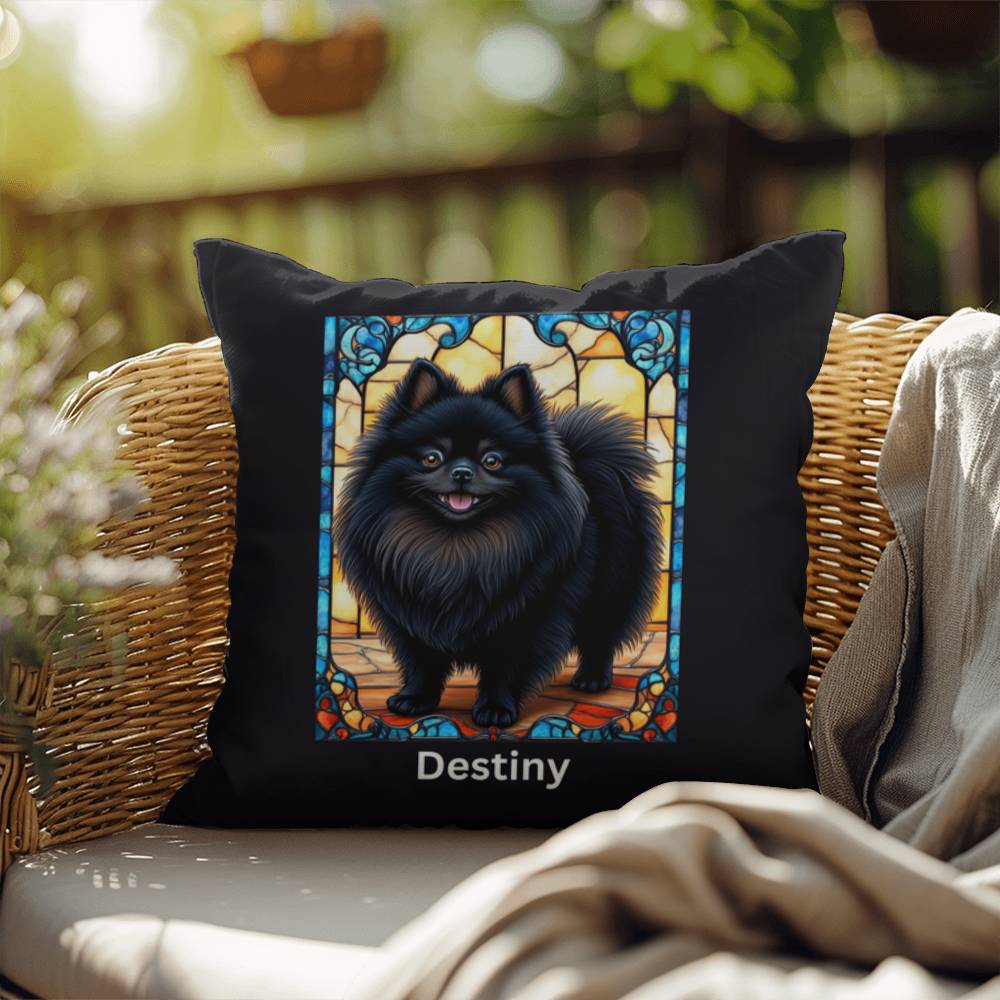 Pomeranian (Black) Indoor/Outdoor Pillow - Personalized Stained Glass Dog Tribute & Comfort Gift