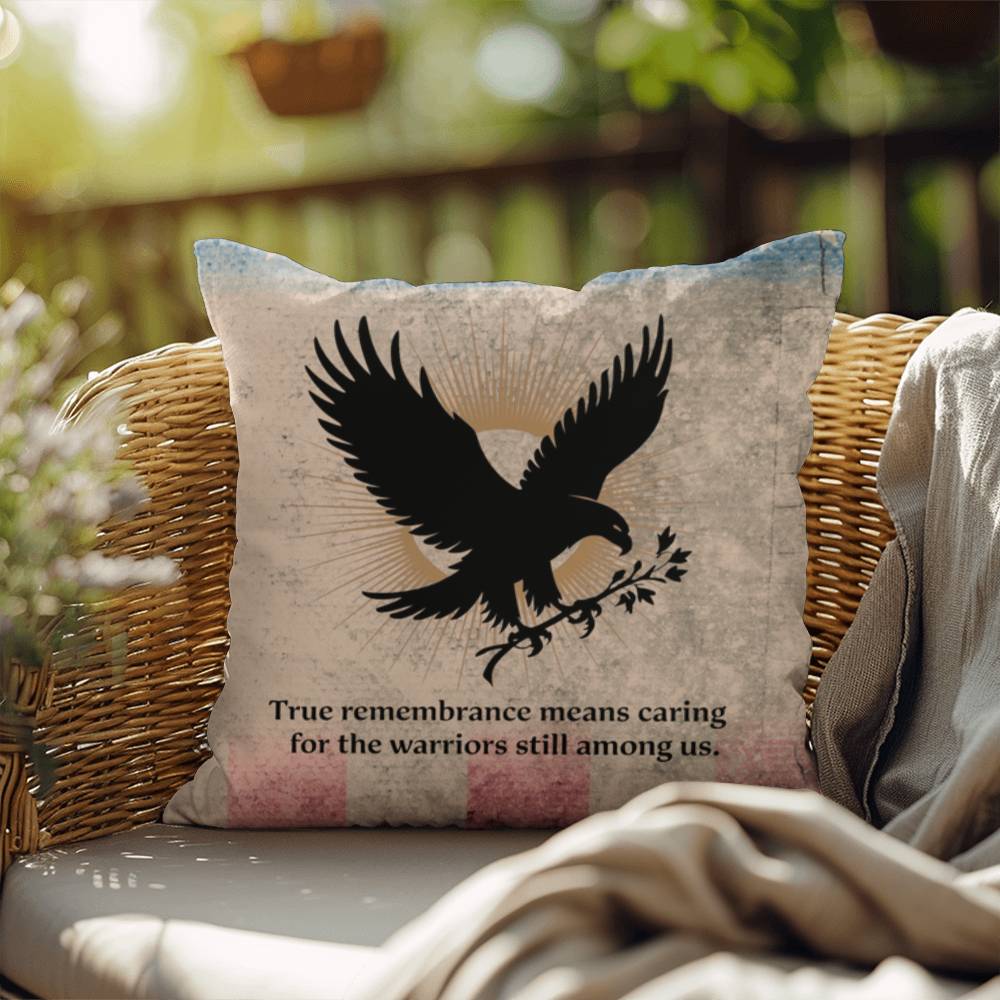 True Remembrance Means Caring Indoor/Outdoor Pillow: Resilient Comfort - Mental Health & Memorial Tribute