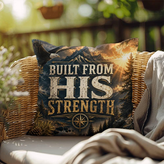 Shop our built from his strength throw pillow featuring the 18" x 18" style option from MySisterIsASurvivor.