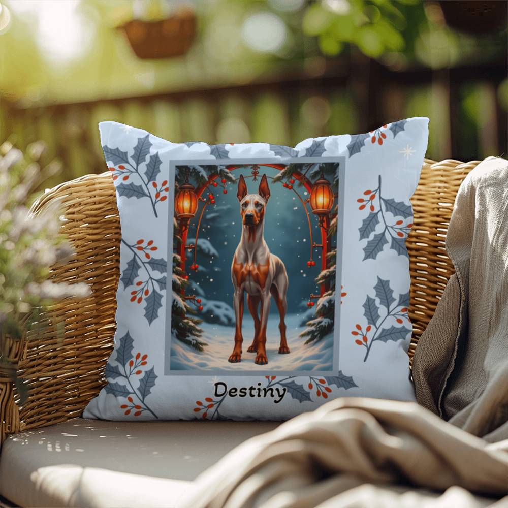 Doberman Fawn & Rust Pillow - Seasonal Doberman dog pillow, winter home accent, personalized holiday throw