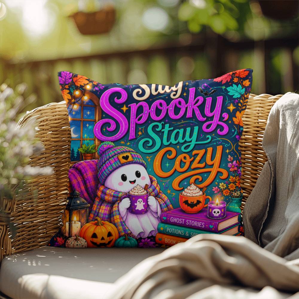 Stay Spooky Stay Cozy quote with ghosts and books on a Halloween throw pillow