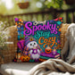 Stay Spooky Stay Cozy quote with ghosts and books on a Halloween throw pillow
