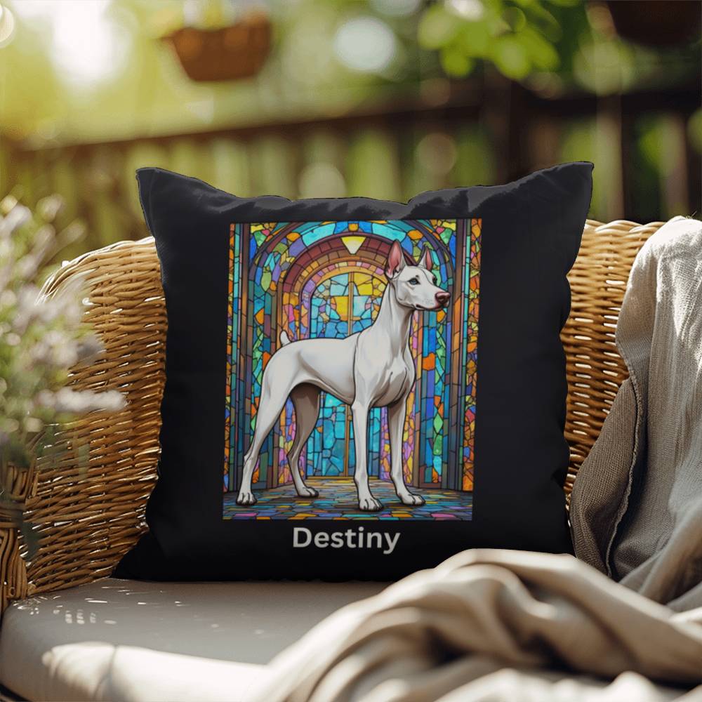 Doberman Pinscher (White) Indoor/Outdoor Pillow - Personalized Stained Glass Dog Tribute & Comfort Gift