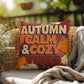 Autumn Calm & Cozy Vibes throw pillow in bright fall colors with mindful quote for Thanksgiving home décor