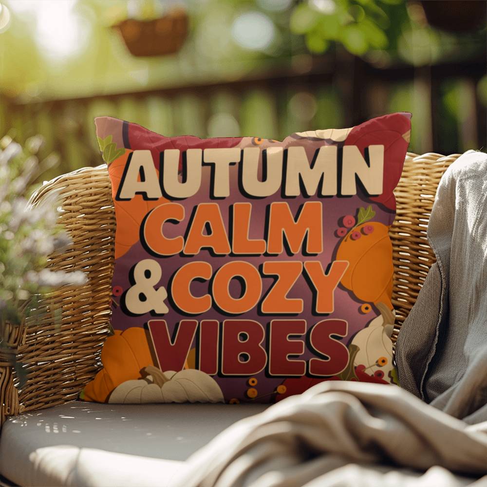 Autumn Calm & Cozy Vibes throw pillow in bright fall colors with mindful quote for Thanksgiving home décor