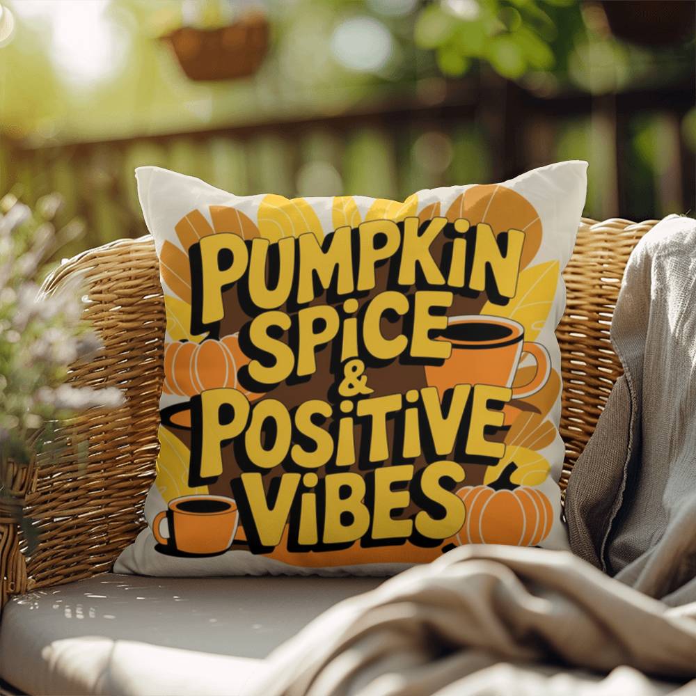 Pumpkin Spice & Positive Vibes pillow with autumn mindfulness message and cozy seasonal décor