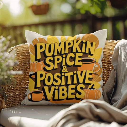 Shop our pumpkin spice positive vibes indoor outdoor pillow featuring the 18" x 18" style option from MySisterIsASurvivor.