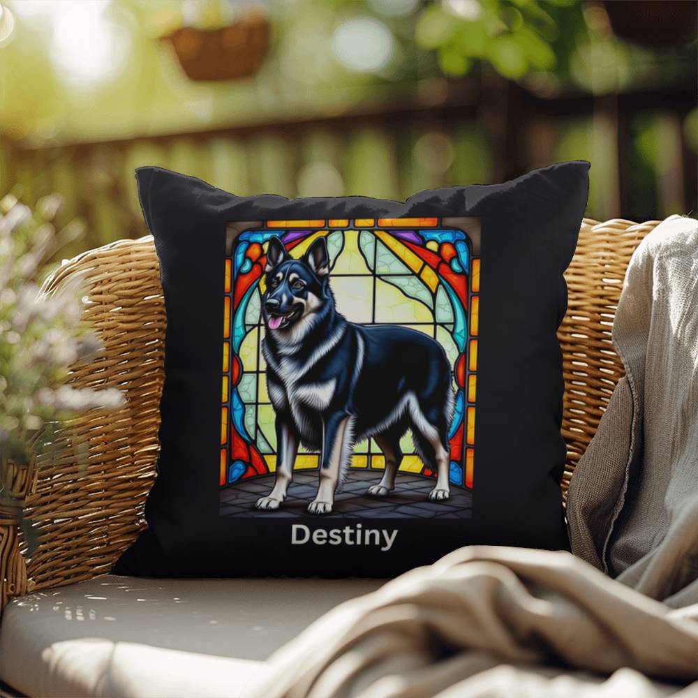 German Shepherd (Black and Silver) Indoor/Outdoor Pillow - Personalized Stained Glass Dog Tribute & Comfort Gift