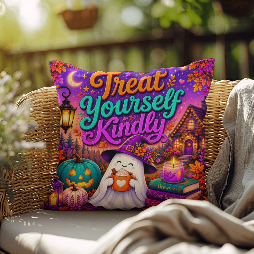 Treat Yourself Kindly message with self care inspired Halloween artwork on a decorative pillow