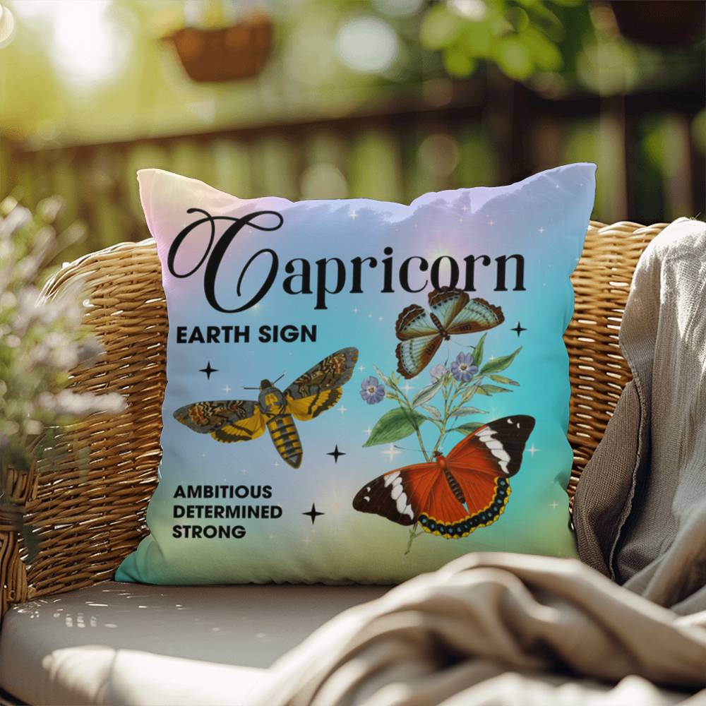 Capricorn Butterfly Indoor/Outdoor Pillow – Zodiac Astrology Decor, Boho Accent for Home & Patio