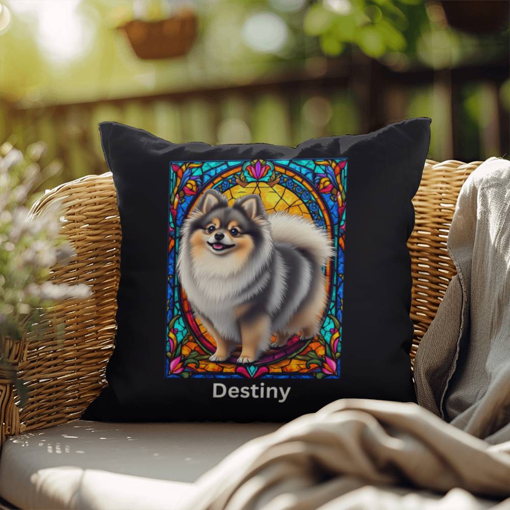 Pomeranian (Wolf Sable) Indoor/Outdoor Pillow - Personalized Stained Glass Dog Tribute & Comfort Gift
